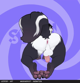 abstract_background all_fours anthro anus ass_up balls bedroom_eyes big_butt big_tail black_body black_fur black_hair butt claws digitigrade femboy fur genitals hair hip_sway looking_at_viewer looking_back looking_back_at_viewer male markings medium_hair messy_hair multicolored_body multicolored_fur narrowed_eyes nude pawpads paws penis perineum presenting presenting_hindquarters raised_tail rear_view seductive skunk_tail smile smirk solo striped_markings striped_tail stripes tail tail_markings teasing teasing_viewer text thick_thighs two_tone_body two_tone_fur white_body white_fur lezified maskandsuit max_(lezified) mammal mephitid skunk 2025 animated digital_media_(artwork) english_text hi_res loop no_sound short_playtime webm