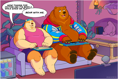 4_toes 5_toes anthro appliance arcade_stick backpack biped black_pawpads blue_bottomwear blue_clothing blue_hat blue_headwear blue_shorts bottomless bottomwear brown_body brown_fur camera christmas_decorations christmas_lights claws clothed clothing controller detailed_background dialogue duo electronics facial_markings fangs feet finger_claws fridge fur furniture game_controller hat head_markings headgear headwear kitchen_appliance lamp lava_lamp male markings open_mouth overweight overweight_anthro overweight_male pawpads pink_clothing pink_shirt pink_topwear plushie pointy_ears prick_ears round_ears sharp_teeth shirt shorts sitting sleeveless_shirt snout sofa soles speech_bubble tan_body tan_fur teeth television text toe_claws toes topwear webcam manlyster bear_(beardebonair) pit_(manlyster) bear canid canine canis domestic_dog mammal 2025 3:2 artist_name dated english_text hi_res