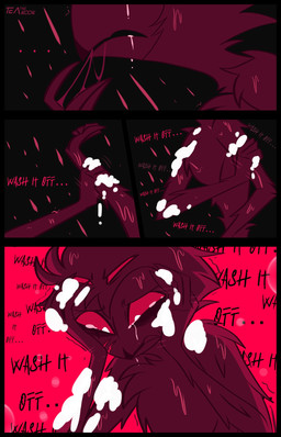anthro black_background black_text bodily_fluids crying hair looking_down male pink_background pink_eyes pink_text short_hair shower simple_background solo tears text wet worried teathekook hellaverse helluva_boss stolas_(helluva_boss) avian bird owl owl_demon english_text hi_res watermark