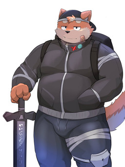 anthro backpack black_nose bottomwear bulge clothing hat headgear headwear humanoid_hands kemono male overweight overweight_anthro overweight_male pants solo weapon morningbread16 canid canine canis domestic_dog mammal 2021 3:4 hi_res