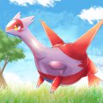 ambiguous_gender blush eyelashes grass outside plant smile solo tree yellow_eyes ecru_(artist) nintendo pokemon generation_3_pokemon latias legendary_pokemon pokemon_(species) 1:1