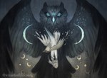ambiguous_gender black_body black_feathers blue_eyes copyright_symbol crescent_moon death duo feathers feet feral fur looking_at_viewer magic moon star_symbol symbol talons text toes white_body white_feathers white_fur amanda_sartor hasbro magic:_the_gathering wizards_of_the_coast maha_(bloomburrow) avian bird owl 2024 official_art