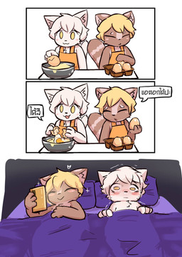 after_sex anthro apron apron_only blonde_hair blush bodily_fluids clothing cooking cracking_egg dialogue duo electronics eyes_closed fluffy fluffy_tail fur hair male male/male phone shaking simple_background sparkles speech_bubble sweat tail text under_covers white_background white_body white_fur white_hair yellow_sclera young young_anthro young_male pustcat_vanie instant_loss_2koma canid canine domestic_cat felid feline felis mammal raccoon_dog tanuki 2025 comic digital_media_(artwork) hi_res thai_text translation_request