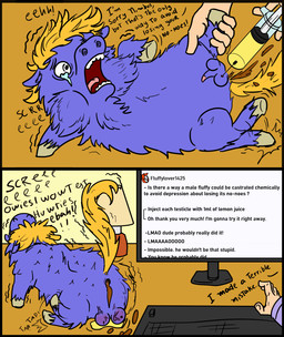 abuse ambiguous_gender ambiguous_human animal_abuse anus baby_talk balls beverage blonde_hair bodily_fluids castration cock_and_ball_torture computer crying dialogue electronics feces feral fur furniture_lamp genital_mutilation genital_torture genitals grey_hooves hair holding_leg holding_object holding_syringe hooves injection juice_(beverage) keyboard lemon_juice light_body light_skin male male_feral monotone_body monotone_fur mutilation onomatopoeia open_mouth pain penis pooping purple_body purple_fur scared screen sound_effects struggling suffering swollen_balls syringe tail tapering_penis tears teeth text tongue vein veiny_balls yellow_tail young young_feral young_male infraredturbine fluffy_pony fluffy_pony_(species) human mammal 2021 english_text hi_res