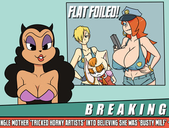anthro arrested big_breasts black_hair blonde_hair blue_eyes blue_eyeshadow bottomwear bracelet breasts cleavage clothed clothing covered_breasts eyes_closed eyeshadow female female_anthro group gun hair huge_breasts humor jewelry lipstick makeup mature_anthro mature_female nipple_outline orange_hair police police_badge police_hat purple_eyeshadow ranged_weapon shorts smile solo tan_body text trio weapon manwithnobats sega sonic_the_hedgehog_(series) collie_chang katella madonna_garnet vanilla_the_rabbit domestic_cat felid feline felis human lagomorph leporid mammal rabbit 2023 colored digital_drawing_(artwork) digital_media_(artwork) english_text hi_res