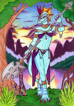 4_fingers anklet armlet armor beads blue_body blue_scales bracelet bracers breasts clothed clothing cloud eyeliner feathers female fingers forest frill_(anatomy) gem halberd holding_object jewelry lake looking_at_viewer makeup melee_weapon membrane_(anatomy) membranous_frill muscular muscular_female non-mammal_breasts plant polearm scales skimpy smile solo standing sunset tree unconvincing_armor walking weapon wide_hips rajakaen valeris_(reptile_cynrik) lizard reptile scalie full-length_portrait portrait traditional_media_(artwork)