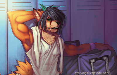 abs advertisement anthro arms_above_head athletic biceps biped black_hair black_nose brown_body brown_fur clothing fangs flexing fur green_eyes hair horn locker locker_room male muscular muscular_anthro muscular_male orange_body orange_fur pecs pose shirt sitting solo tan_body tan_fur tank_top teeth topwear towel azelyn mythology canid canine dragon fox furred_dragon furred_scalie hybrid mammal mythological_creature mythological_scalie scalie