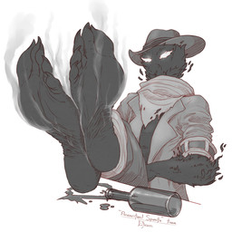5_toes ambiguous_gender barefoot belt belt_accessory black_body bottle bottomwear claws clothed clothing coat container embers empty_eyes feet fire foot_fetish foot_focus hat headgear headwear humanoid_feet liquid mouthless no_pupils no_shirt not_furry pants particles paws plantigrade scarf simple_background smoke soles solo text toe_claws toes topwear torn_scarf white_background wrinkled_feet wrinkles kredri ghost humanoid monster spirit monochrome