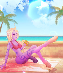 animal_genitalia animal_genitalia_on_humanoid animal_penis ball_bulge balls banana beach big_balls big_breasts big_butt big_penis blonde_hair blush bra breasts butt cleavage clothed clothing eating equine_genitalia equine_penis eyebrows flared_penis food fruit genitals gynomorph hair half-erect hooves horn huge_penis humanoid_pointy_ears intersex light lips long_hair midriff navel palm_tree panties penis plant pointy_ears ponytail pose purple_body purple_eyebrows purple_lips purple_skin raised_leg sea seaside side_view sitting solo sun sunlight tattoo thick_penis tree underwear water yellow_eyes cultro league_of_legends riot_games tencent soraka horned_humanoid humanoid hi_res