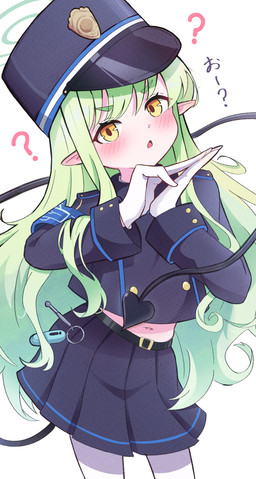 belt bent_arm blue_bottomwear blue_clothing blue_hat blue_headwear blue_shirt blue_skirt blue_topwear blush bottomwear clothing confusion female flat_chested gesture gloves green_hair hair hair_between_eyes halo hand_gesture handwear hat headgear headwear heart_tail legwear long_hair looking_at_viewer navel open_mouth pantyhose pointy_ears pose prick_ears shirt simple_background skirt tail text topwear white_background white_clothing white_gloves white_handwear white_legwear white_pantyhose yellow_eyes young young_female young_humanoid vtitalianlion46 blue_archive nexon hikari_(blue_archive) demon demon_humanoid humanoid tailed_humanoid absurd_res hi_res translation_request