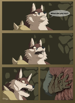 anthro blonde_hair blood bodily_fluids cave dialogue duo female fur hair male open_mouth red_body red_fur speech_bubble squeezing sweat teeth text white_body white_fur wounded xxsparcoxx helena_(xxsparcoxx) teofacio_larna canid canine fox mammal red_fox true_fox 2020 comic digital_media_(artwork) english_text hi_res