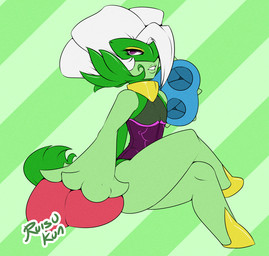 anthro crossed_legs eyelashes female flat_chested flower green_background green_body hair lips not_furry one_eye_obstructed open_mouth pattern_background plant purple_eyes side_view simple_background sitting solo striped_background teeth three-quarter_view white_hair tattoorexy nintendo pokemon fan_character elemental_creature flora_fauna generation_4_pokemon pokemon_(species) roserade digital_media_(artwork) full-length_portrait portrait signature