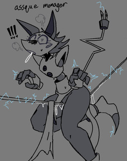 anthro blush blush_stickers bodily_fluids clothed clothing electric_shock electricity exclamation_point female floating_hands genital_fluids heart_eyes heart_symbol looking_pleasured machine rope_walking solo sweat thick_thighs vaginal_fluids wide_hips stu_(artist) deltarune undertale_(series) tasque_manager darkner felid mammal robot hi_res
