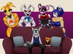 anthro beakless female furniture group looking_at_viewer male open_mouth red_eyes sofa whiskers e4hargus five_nights_at_freddy's five_nights_at_freddy's_2 piper_perri_surrounded scottgames toy_chica_(fnaf) vanny_(fnaf) avian bird chicken galliform gallus_(genus) lagomorph leporid mammal phasianid procyonid rabbit raccoon hi_res meme