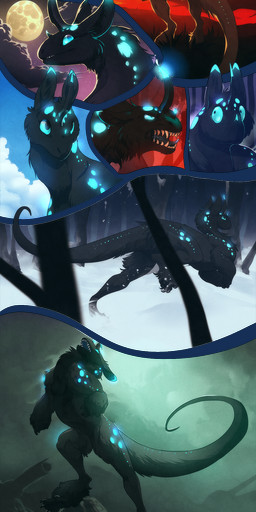 ambiguous_gender black_body black_fur blue_eyes brown_body brown_feathers day feathered_wings feathers feral fur group horn moon open_mouth outside sky smile solo star starry_sky sun teeth tongue trio wings grypwolf kukuri 2016 digital_drawing_(artwork) digital_media_(artwork) hi_res multiple_scenes
