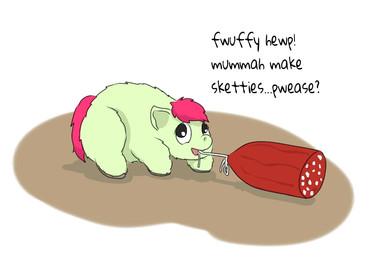 ambiguous_feral ambiguous_gender baby_talk black_eyes dialogue feral food fur green_body green_fur hair hooves looking_up meat mouth_hold offscreen_character pink_hair pink_tail side_view simple_background solo standing string tail text young young_ambiguous young_feral carpdime fluffy_pony fluffy_pony_(species) mammal digital_media_(artwork) english_text shaded