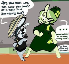 anthro barefoot black_eyes clothing dialogue dot_eyes duo electronics feet female green_body green_hair green_skin grey_highlights hair highlights_(coloring) jumpsuit microphone outside racing_uniform shell_hat simple_eyes speech_bubble stretching white_eyes white_highlights thefablednekos spiral_stream_derby lime_light_(thefablednekos) unnamed_snail_reporter_(spiral_stream_derby) gastropod mollusk snail hi_res