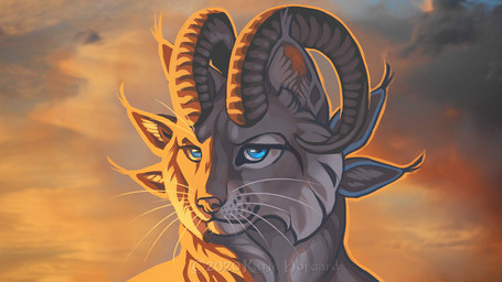 blue_eyes cheek_tuft curved_horn ear_tuft facial_tuft feral fur grey_body grey_fur horn multi_ear outside sky smile solo sunset tuft whiskers katie_hofgard bovid caprine felid feline hybrid lynx mammal 2019 digital_media_(artwork) headshot_portrait portrait