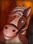 anthro blonde_hair blue_eyes brown_body fire hair male smile smirk smoke solo hunnymutt bailey_(hunnymutt) equid equine horse mammal 3:4 absurd_res hi_res portrait