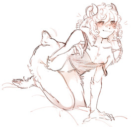 anthro bedroom_eyes blush bovid_horn breasts caprine_horn clothed clothing ear_piercing ear_ring ear_stud female hooves horn industrial_piercing long_ears motion_lines narrowed_eyes nipple_slip nipples one_breast_out piercing ram_horn ring_piercing seductive skinny small_breasts small_tail solo tail tail_motion molokoo17 bovid caprine goat mammal sheep hi_res sketch