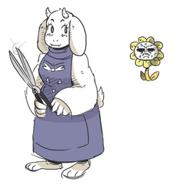 anthro bodily_fluids clothed clothing delta_rune_(emblem) duo female flower fur horn long_ears paws plant robe scissors simple_background standing sweat symbol white_background white_body white_fur unknown_artist undertale undertale_(series) flowey_the_flower toriel boss_monster_(undertale) bovid caprine elemental_creature flora_fauna flower_creature mammal 2015 digital_media_(artwork) source_request