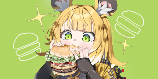 animal_ears blonde_hair blush burger clothing eating eating_food fangs female fluffy_ears food glistening glistening_hair green_background green_eyes grey_clothing grey_shirt grey_topwear hair highlights_(coloring) jacket shirt simple_background sparkles striped_hair teeth topwear yellow_clothing yellow_jacket_(clothing) yellow_topwear young young_female young_humanoid kumoeyuki mihoyo zenless_zone_zero ju_fufu animal_humanoid felid felid_humanoid humanoid mammal mammal_humanoid pantherine pantherine_humanoid thiren tiger_humanoid absurd_res hi_res
