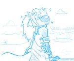 anthro arm_brace clothing looking_at_viewer looking_back looking_back_at_viewer robe smile smiling_at_viewer toga toony zonai_architecture zonai_clothing doodledoggy nintendo tears_of_the_kingdom the_legend_of_zelda link_(wolf_form) canid canine canis mammal wolf 6:5 absurd_res blue_and_white clip_studio_paint_(artwork) digital_media_(artwork) hi_res monochrome sketch