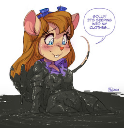 anthro arm_support blue_eyes blush blush_lines breasts brown_hair buckteeth closed_smile clothing dialogue dirty eyebrow_through_hair eyebrows eyelashes eyewear eyewear_on_head female fur goggles goggles_on_head hair jumpsuit logo long_eyelashes long_hair mouth_closed mud mud_covered muddy partially_submerged purple_clothing small_breasts smile solo tail tan_body tan_fur teeth thin_tail translucent translucent_hair doronkomajo chip_'n_dale_rescue_rangers disney gadget_hackwrench mammal mouse murid murine rodent 2023 artist_logo dated hi_res