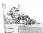 2019 anthro anthrofied baron_engel bed boots breasts clothing cuddling cutie_mark duo equid equine female fluttershy_(mlp) footwear friendship_is_magic furniture hasbro inside legwear mammal monochrome my_little_pony mythological_creature mythological_equine mythology nipples nude on_bed pegasus python reptile scalie smile snake thick_thighs thigh_highs traditional_media_(artwork) wings