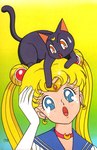 blonde_hair blue_eyes choker duo female hair jewelry magical_girl_outfit necklace pigtails red_choker red_eyes red_jewelry red_necklace twintails_(hairstyle) sailor_moon_(series) luna_(sailor_moon) sailor_moon_(character) usagi_tsukino domestic_cat felid feline felis human mammal hi_res official_art