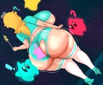 absurd_res big_breasts big_butt blonde_hair breasts butt clothed clothing crown exclamation_point face_in_ass female fladdykin footwear group hair headgear hi_res high_heels huge_butt human luma mammal mario_bros nintendo not_furry pumps question_mark rear_view rosalina_(mario) side_boob skimpy stinkface super_mario_galaxy thick_thighs wand