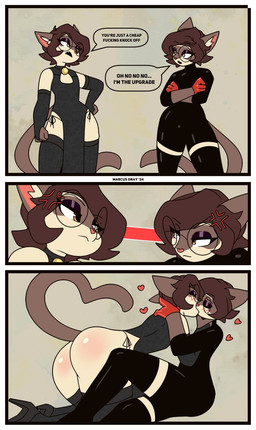 anthro anthro_on_anthro arm_warmers armwear blush border butt clothed clothing cross-popping_vein crossdressing dialogue dress duo eyewear femboy femboy/femboy footwear glasses glistening glistening_butt gloves handwear heart_symbol high_heels inner_ear_fluff kissing legwear male male/male panties profanity raised_tail round_glasses selfcest shoes side-tie_panties slit_dress speech_bubble square_crossover tail text thigh_highs tight_clothing tuft underwear white_border marcus_gray fio_(marcus_gray) domestic_cat felid feline felis mammal 2024 comic english_text hi_res