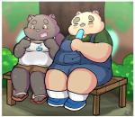 anthro black_body black_fur blush border bottomwear clothing duo eyes_closed food fur male outside overalls overweight overweight_male pink_nose popsicle sea_salt_ice_cream shirt shorts sitting topwear white_border young young_anthro kusosensei inigo_(kusosensei) rocky_(kusosensei) bear domestic_cat felid feline felis mammal 2019 hi_res