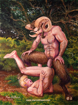 abs anal athletic athletic_human athletic_male bare_back beard biceps blonde_hair body_hair brown_body brown_eyes brown_fur brown_hair copyright_symbol deltoids detailed_background duo eyes_closed facial_hair flat_footed foreskin forest fur genitals goatee grass hair happy_trail horn human_on_humanoid interspecies male male/male muscular muscular_humanoid muscular_male nature outside pecs penis plant pubes realistic sex symbol tan_body tan_skin text tongue tongue_out tree year marc_debauch animal_humanoid human humanoid mammal satyr 2014 detailed hi_res painting_(artwork) signature traditional_media_(artwork) url