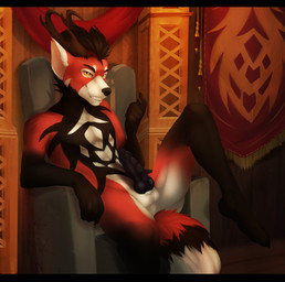 4_toes 5_fingers anthro athletic athletic_anthro athletic_male balls black_body black_fur black_penis brown_hair chair chest_markings claws detailed_background feet finger_claws fingers fluffy fluffy_tail front_view fur furniture genitals gesture hair hand_gesture horn knot male markings on_chair penis perineum pointing pointing_at_self raised_leg red_body red_fur ridged_penis sitting sitting_on_chair sitting_on_throne smile smirk solo spread_legs spreading tail tapestry teeth teeth_showing throne throne_room toe_claws toes white_body white_fur yellow_eyes miraoff asian_mythology east_asian_mythology mythology stamper_pandragon ailurid dragon eastern_dragon hybrid mammal mythological_creature mythological_scalie red_panda scalie hi_res