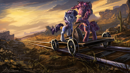 angry cactus cloud cutie_mark desert detailed_background duo eyes_closed female feral horn minecart mud muddy outside plant quadruped railway_track sky smile sunrise sunset tail huussii friendship_is_magic hasbro my_little_pony mythology pinkie_pie_(mlp) rarity_(mlp) earth_pony equid equine horse mammal mythological_creature mythological_equine pony unicorn 16:9 2012 hi_res wallpaper widescreen