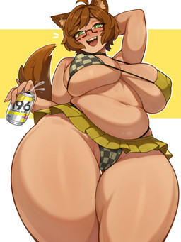 ahoge beverage beverage_can big_breasts bikini blush bottomwear breasts brown_hair brown_tail camel_toe checkered checkered_bikini checkered_clothing checkered_swimwear clothing curvy_figure eyebrow_through_hair eyebrows eyelashes eyewear female genitals glasses green_eyes hair hand_behind_head holding_beverage holding_object huge_breasts inner_ear_fluff legs_together light_body light_skin looking_at_viewer low-angle_view microskirt miniskirt navel nipple_outline open_mouth open_smile pattern_bikini pattern_clothing pattern_swimwear plump_labia short_hair skirt slightly_chubby smile solo standing swimwear tail teeth thick_thighs thigh_gap tongue translucent translucent_hair tuft two-piece_swimsuit voluptuous vulva wearing_glasses wide_hips melonpuff vtuber mint_castella animal_humanoid canid canid_humanoid canine canine_humanoid dog_humanoid humanoid mammal mammal_humanoid 2025 3:4 absurd_res hi_res
