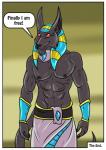 abs anthro anubian_jackal anubis biceps biped black_nipples canid canine canis claws clothed clothing deity egyptian_mythology fangs goo_creature hi_res jackal male mammal middle_eastern_mythology muscular muscular_anthro muscular_male mythology nipples pecs possession red_eyes rex_equinox smile solo standing teeth topless transformation vein