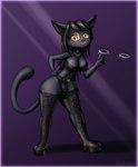 anthro boots breasts bulge clothed clothing cuff_(restraint) footwear gynomorph hair handcuffs harness intersex leather legwear looking_at_viewer metal_cuffs restraints shoes simple_background smile solo thigh_boots thigh_highs underwear fiatheweeb fianit domestic_cat felid feline felis mammal absurd_res hi_res