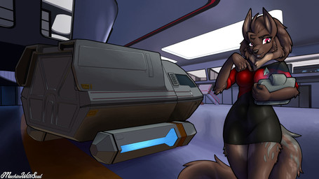 anthro biped black_nose breasts brown_body brown_fur brown_mane clothed clothing dress female fluffy fluffy_tail front_view fur holding_object holding_tablet inside mane medium_breasts neck_tuft open_mouth red_clothing red_dress red_eyes solo spacecraft standing tablet_computer tail tongue tuft uniform vehicle machinewithsoul star_trek canid canine canis mammal wolf 16:9 2026 hi_res widescreen