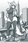 anthro city city_background city_destruction clothed clothing day destruction detailed_background female footwear hair jacket leggings legwear leotard macro outside puffer_jacket shoes sky smile sneakers solo standing swimwear topwear theavanherst fish marine shark greyscale hi_res monochrome