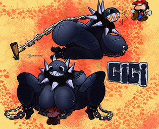 anthro barking big_breasts big_butt bite breasts butt chain collar female huge_breasts huge_butt leash leashed_collar scar sharp_teeth spiked_collar spikes teeth microvoltz mario_bros nintendo gigi_(thecoatl034) mario chain_chomp hi_res