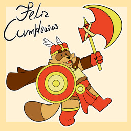 anthro axe black_nose bottomwear brown_body clothing cute_fangs fangs loincloth male open_mouth shield simple_background slightly_chubby solo teeth text grolarbearsins canid canine mammal raccoon_dog tanuki 2025 absurd_res hi_res spanish_text