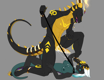 4_toes 5_fingers anthro asphyxiation athletic big_penis black_body black_claws black_eyes blue_sclera bodily_fluids breasts butt choking claws cum cum_on_breasts cum_on_chest cum_on_face cum_on_penis cum_string dominant duo feet female fingers foot_fetish foot_on_face genital_fluids genitals grey_background humanoid_hands jewelry knot leash male male/female messy multicolored_body necklace paws penis pink_sclera ring saliva sex simple_background slave submissive tail tattoo toe_claws toes two_tone_body yellow_body yellow_claws mgangalion european_mythology mythology roy_talon zelen_vrysis_(zelen) dinosaur dragon dromaeosaurid mythological_creature mythological_scalie prehistoric_species reptile saurischian scalie theropod western_dragon