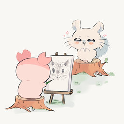 :3 ambiguous_gender blush blush_lines canvas cheek_tuft duo facial_tuft fluffy fluffy_tail glistening glistening_eyes log painting_(action) portrait_(object) simple_background sitting tail tuft white_background wood nagasode chiikawa nagano furuhonya_(chiiwaka) momonga_(chiikawa) flying_squirrel mammal rodent sciurid 1:1