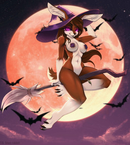 anthro anthro_focus areola bedroom_eyes breasts broom broom_riding cleaning_tool clothing fangs feet female feral fingers flying full_moon fur genitals hair hat hat_only headgear headgear_only headwear headwear_only holidays looking_at_viewer magic_user moon mostly_nude narrowed_eyes navel nipple_tape nude pasties seducing_viewer seductive smile solo tail tape teeth toes vulva wings witch witch_hat blue.rabbit halloween bat canid canine hare lagomorph leporid mammal digital_media_(artwork) hi_res