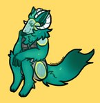 5_fingers anthro armor fingers fur green_body green_ears green_fur green_tail green_visor grey_armor horn machine male male_anthro nude nude_anthro nude_male simple_background solo tail white_horn yellow_background sleepychomps kai_the_protogen protogen 2022 signature male_(lore)