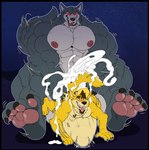 abdominal_bulge abs anal anal_penetration anthro balls beastars big_balls big_penis bodily_fluids canid canine canis clothing cum cum_inside daxterdingo dingo dominant dominant_anthro dominant_male duo ejaculation excessive_cum excessive_genital_fluids extreme_penetration genital_fluids genitals hat headgear headwear hi_res huge_balls huge_penis hyper larger_male legoshi_(beastars) male male/male mammal muscular muscular_anthro muscular_male paws penetration penile penile_penetration penis penis_in_ass red_eyes ridiculous_fit sex size_difference smaller_penetrated tongue tongue_out wolf xibalbakat
