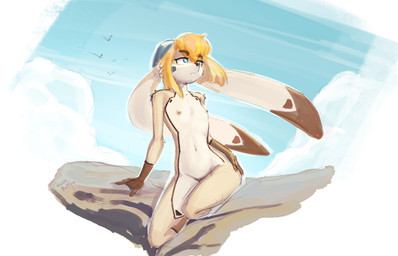 anthro blonde_hair blue_eyes breasts brown_body brown_fur clothing female fur hair hat headgear headwear nipples nude sitting small_breasts solo white_body white_fur hush_button derby_(mrbuttonboi) lagomorph leporid mammal rabbit