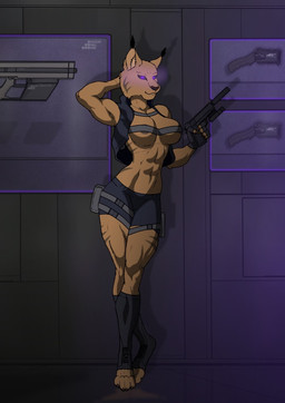 athletic barefoot bottomwear clothing cybernetics feet female future glowing glowing_eyes gun handgun jacket machine muscular pistol ranged_weapon science_fiction shorts silencer solo topwear weapon aleone cyborg felid feline lynx mammal